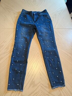 Pearl-Accent Dark Blue Skinny Jeans for Women